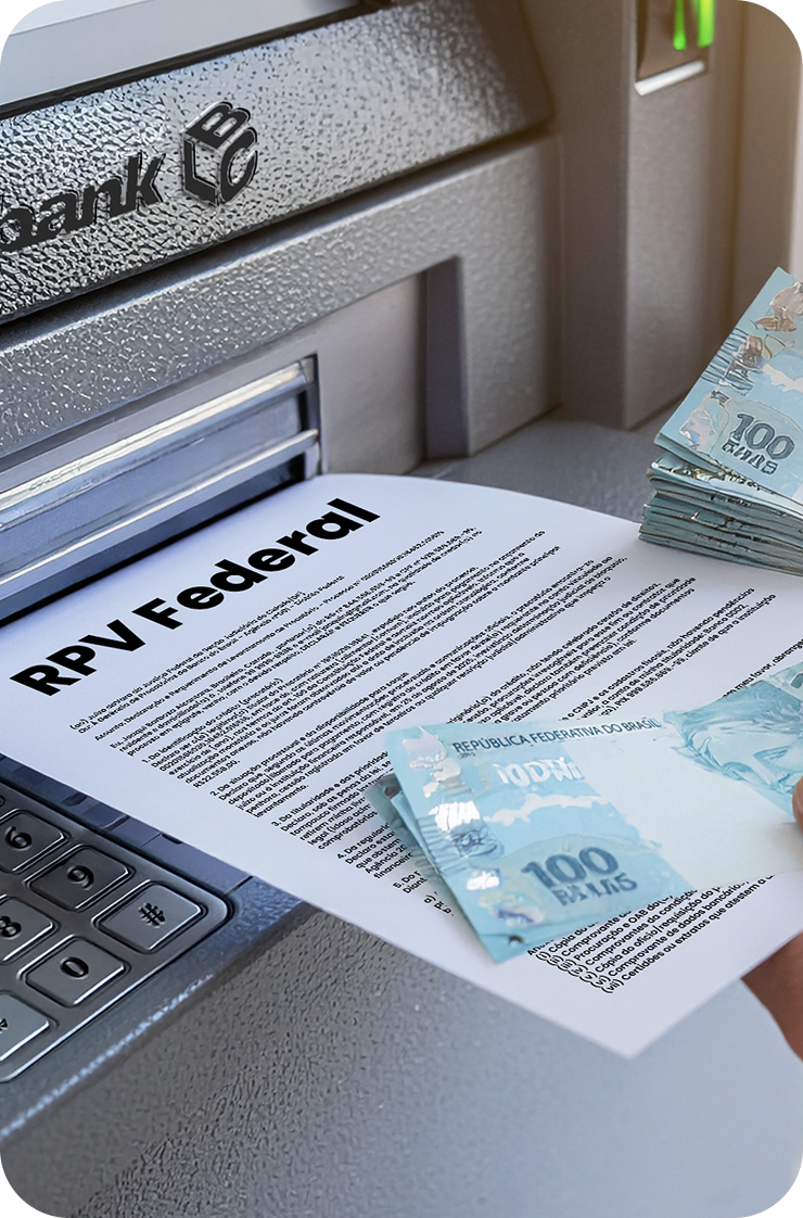 Papel com texto RP V Federal saindo de um caixa eletrônico
