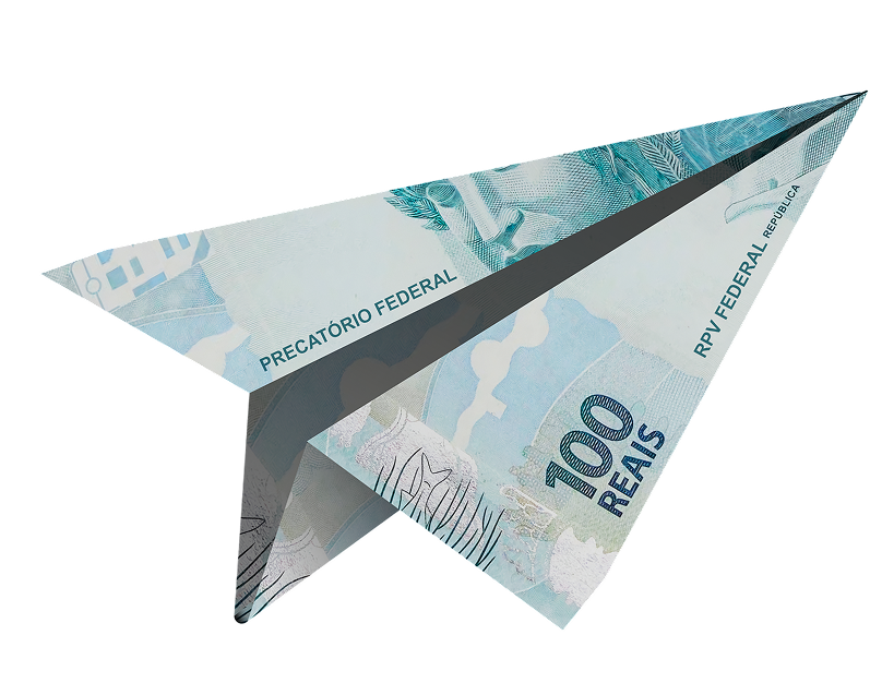 Avião de papel feito de nota de 100 reais, símbolo de finanças e viagens.